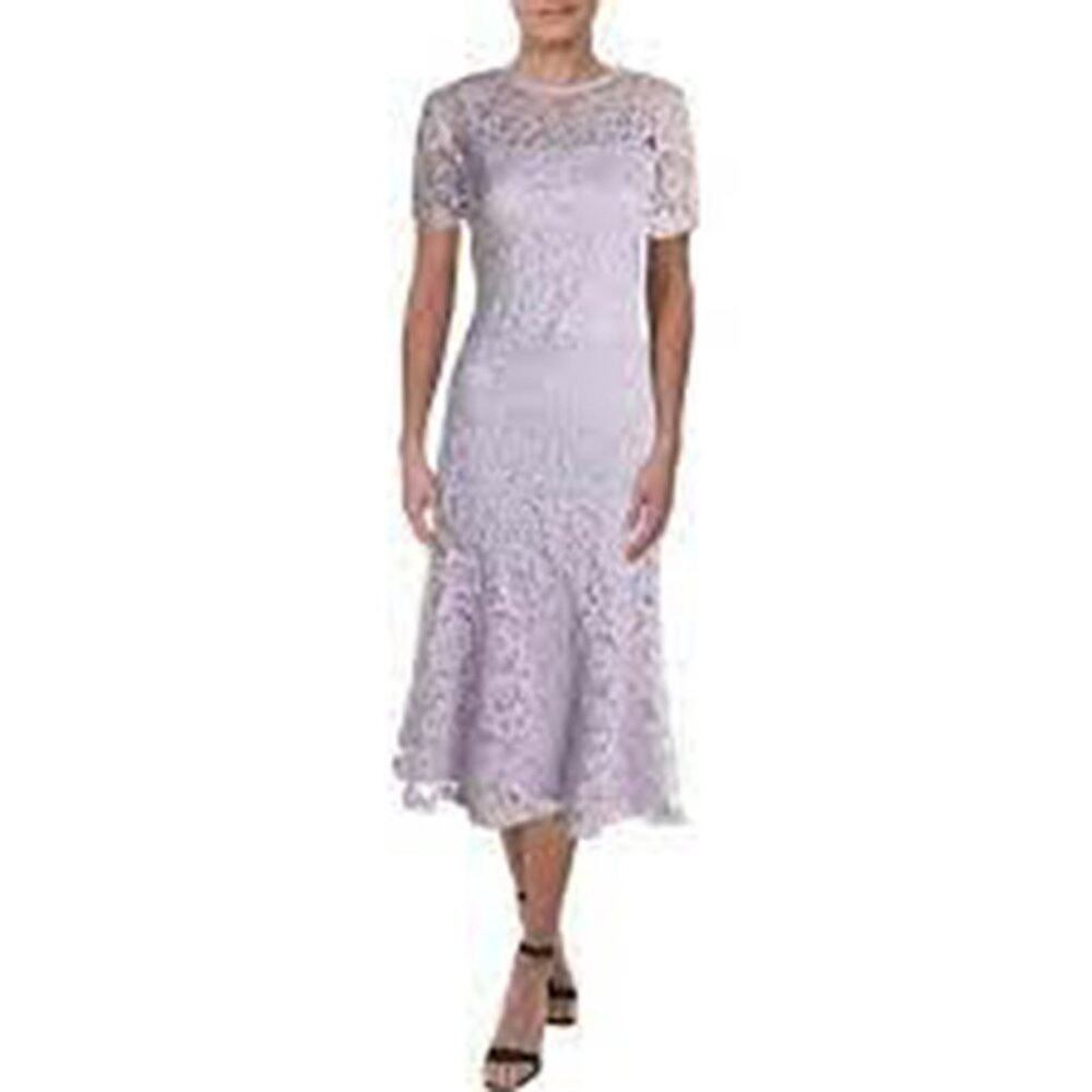 Few Moda Lace Flounce Fit Flare Dress LINED V-Neck Lavender Purple MED NEW Lilac
